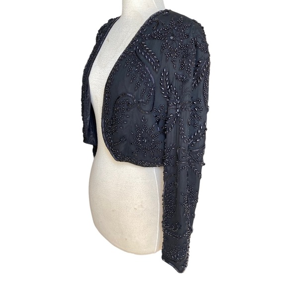 Adrianna Papell Vintage Silk Hand Beaded Cropped Jacket In Black - Picture 3 of 8